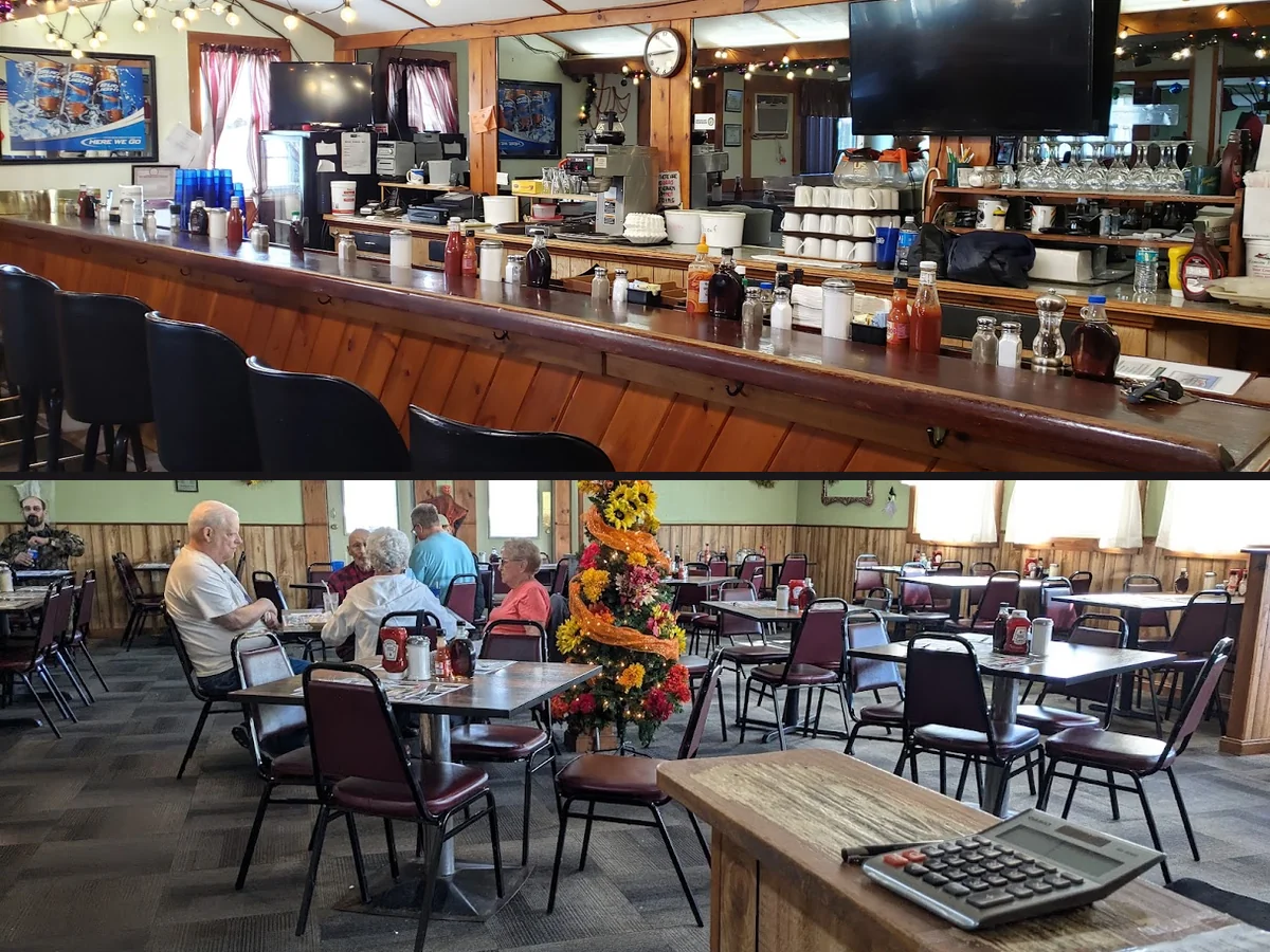 Warm interior with simple diner tables.