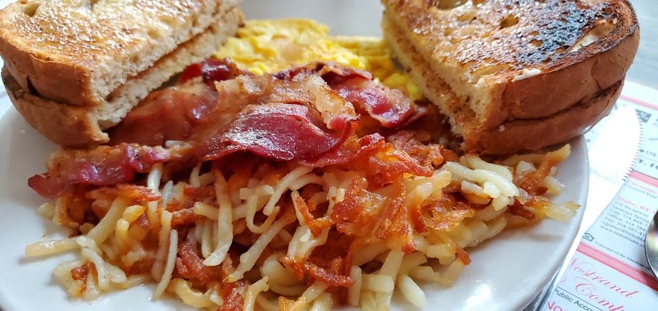 Breakfast menu with classic diner dishes.