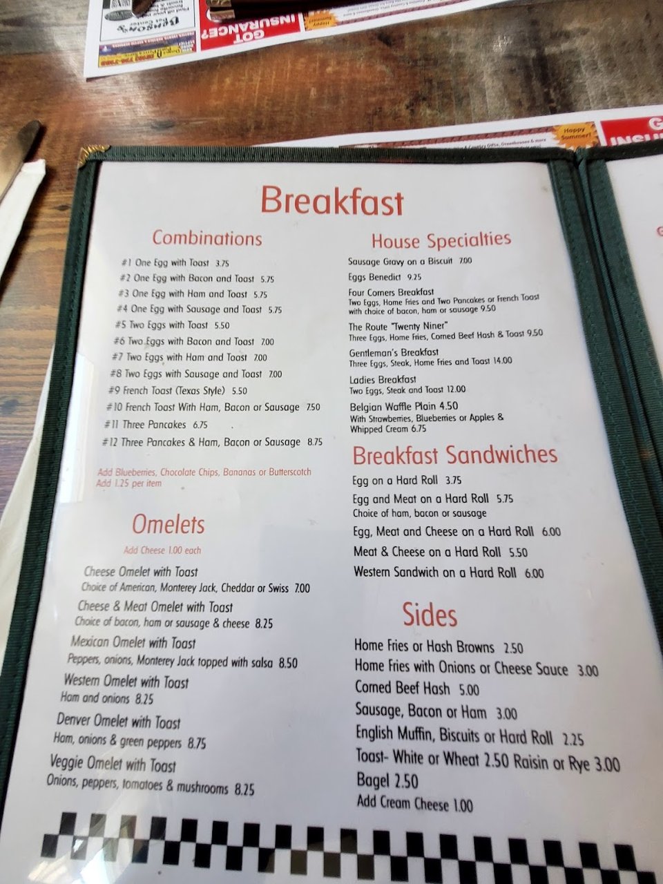 Menu page showing comfort food choices.