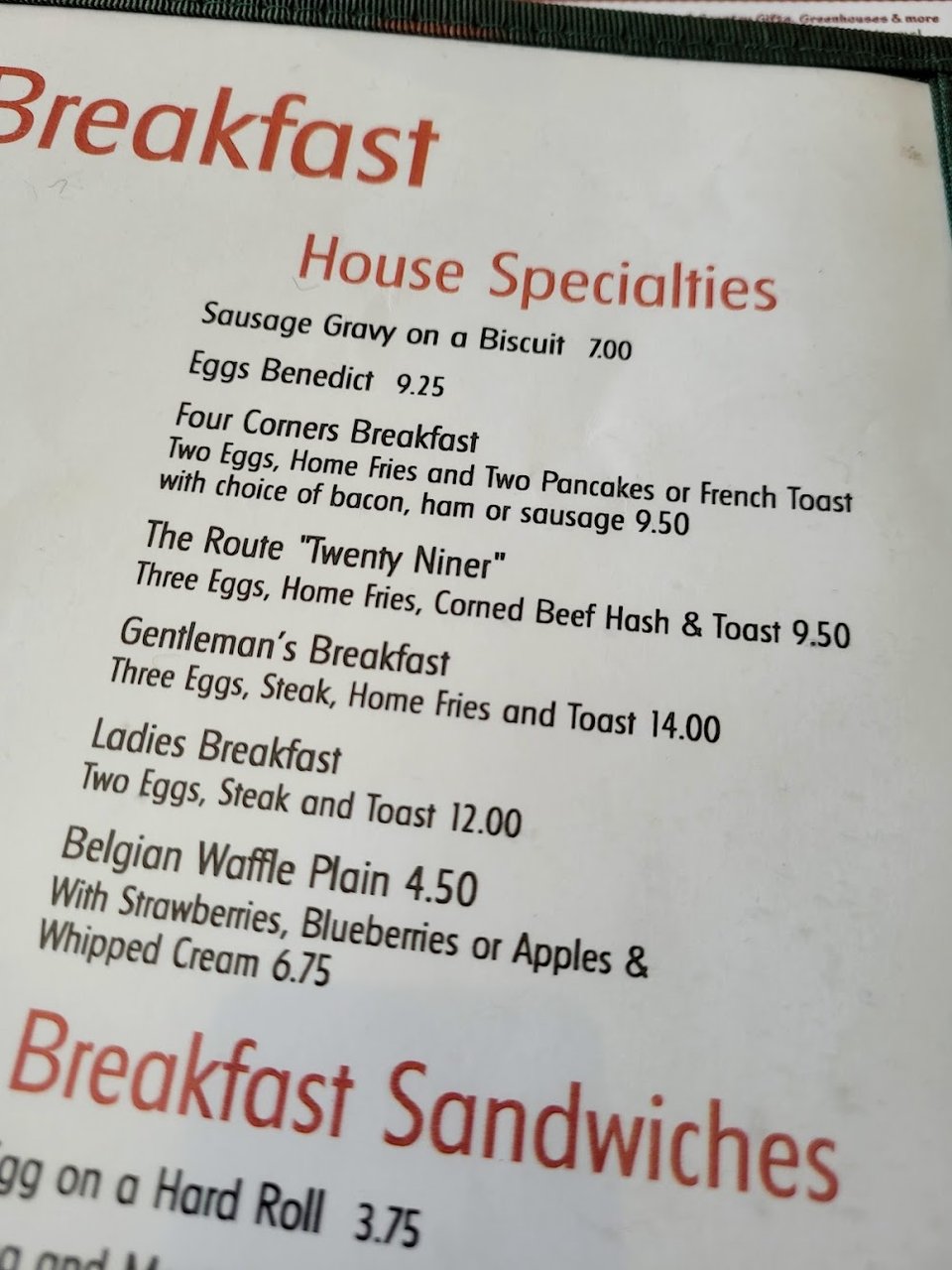 Breakfast menu with classic diner dishes.