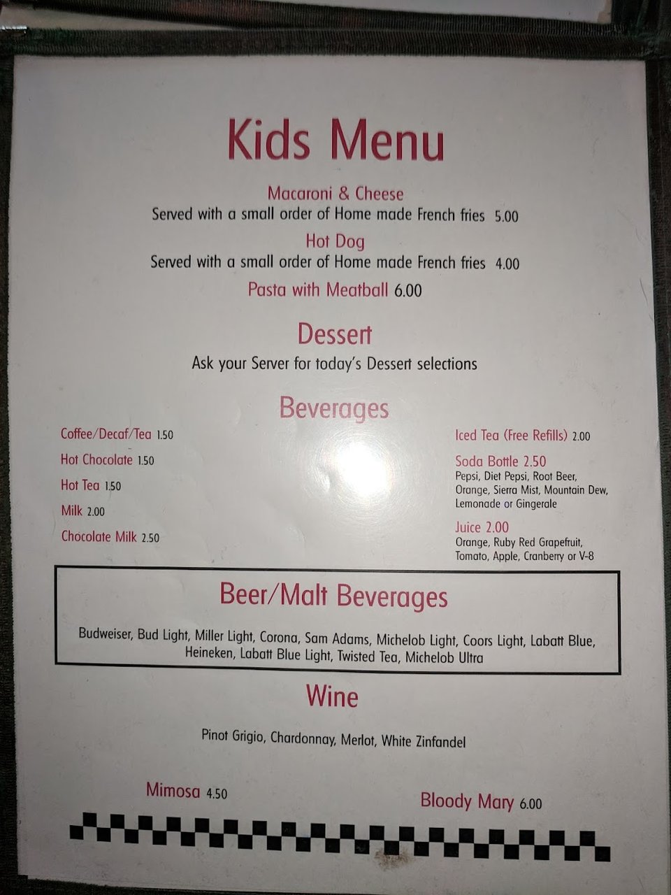 Printed menu with breakfast and lunch sections.